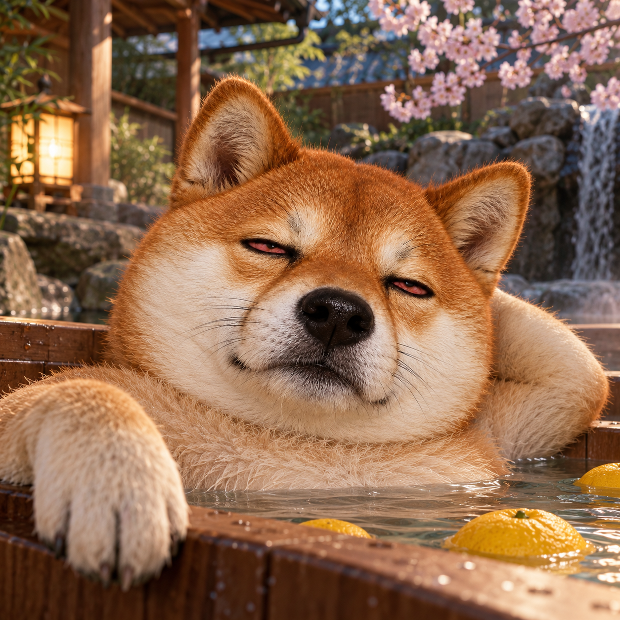 Snoop Inu enjoying a Japanese hot spring with citrus fruits