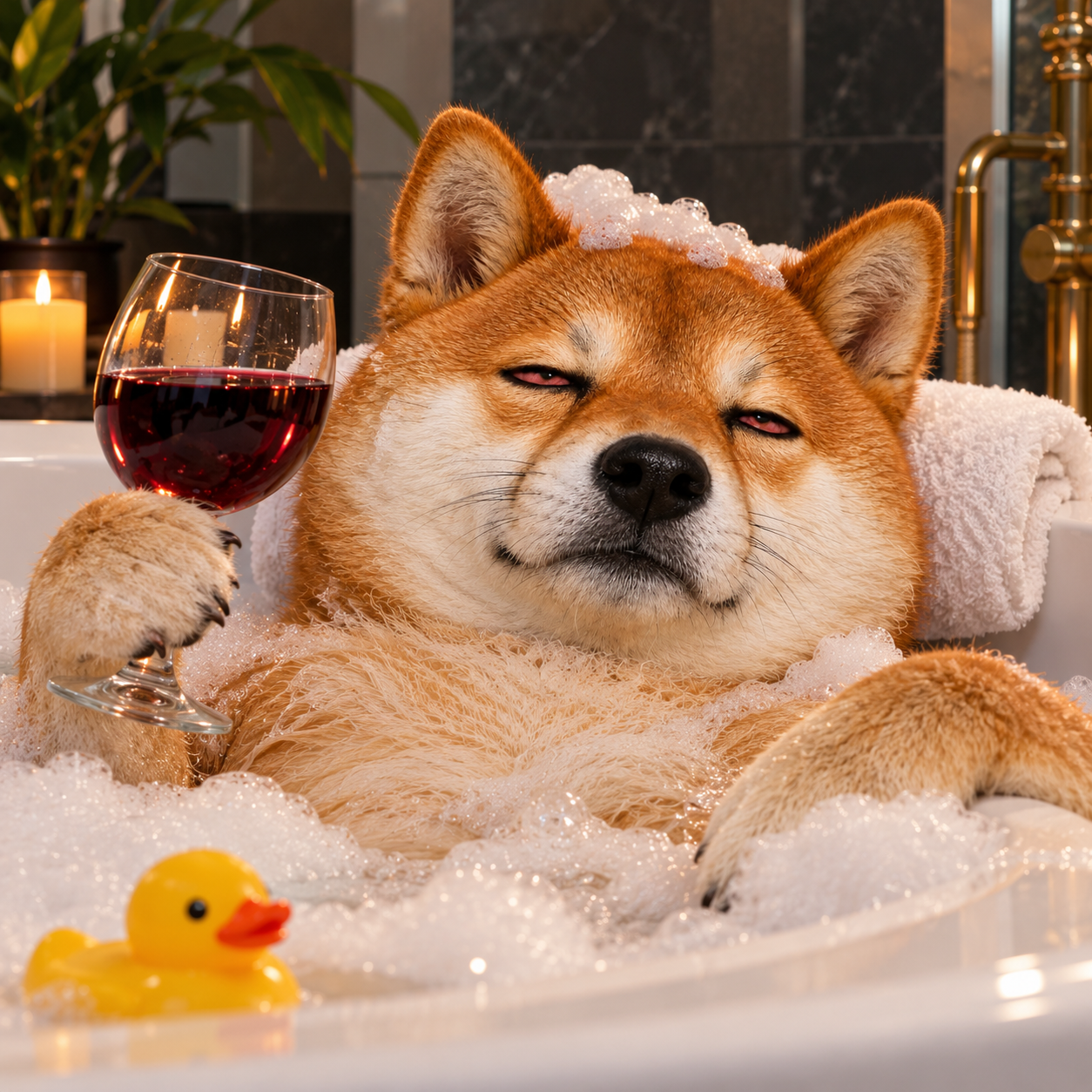 Snoop Inu relaxing in a bubble bath
